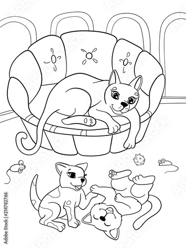 Childrens coloring book cartoon family on nature. Mom cat and kittens children