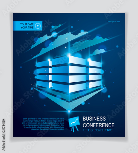 Office building brochure, modern architecture vector flyer with blurred lights and glares effect. Real estate business center blue design. 3D futuristic facade business conference print template.