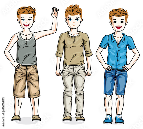 Beautiful happy young teenager boys posing wearing fashionable casual clothes. Vector diversity kids illustrations set. Childhood and family lifestyle clip art.