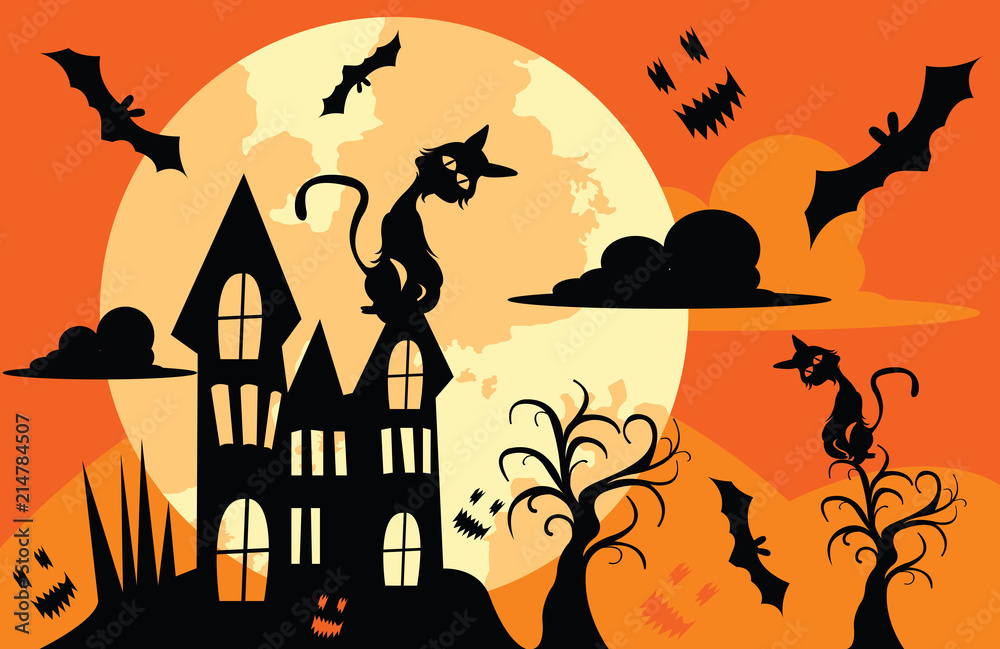 Illustrations for Halloween , The big house has bats flying around. Illustrations for Halloween , The big house has bats flying around.