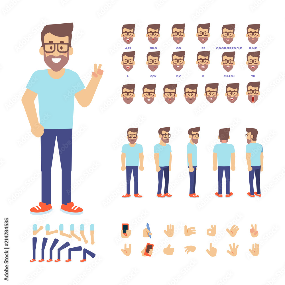 Young geek man constructor. Front, side, back, 3/4 view animated character. Cartoon style, flat vector illustration.