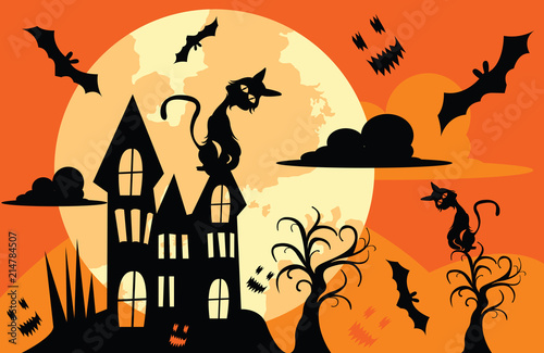 Illustrations for Halloween , The big house has bats flying around.