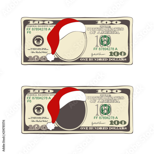 Set of Christmas bill one hundred dollars with Santa Claus hat. 