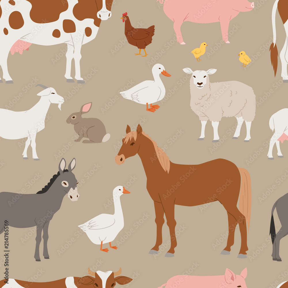 Different home farm vector animals and birds like cow, sheep, pig, duck farmland set illustration seamless pattern background