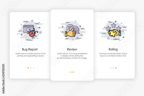 Onboarding screens design in Review and Report concept. Modern and simplified vector illustration, Template for mobile apps.