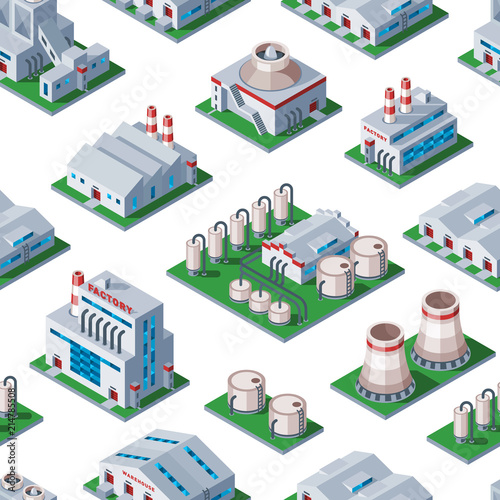 Isometric factory building seamless pattern background industrial element warehouse architecture house vector illustration