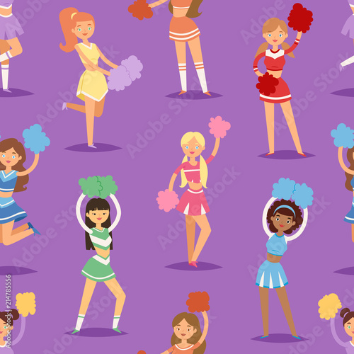 Cartoon cheerleaders girls sport fan dancing cheerleading woman team uniform characters vector illustration seamless pattern background