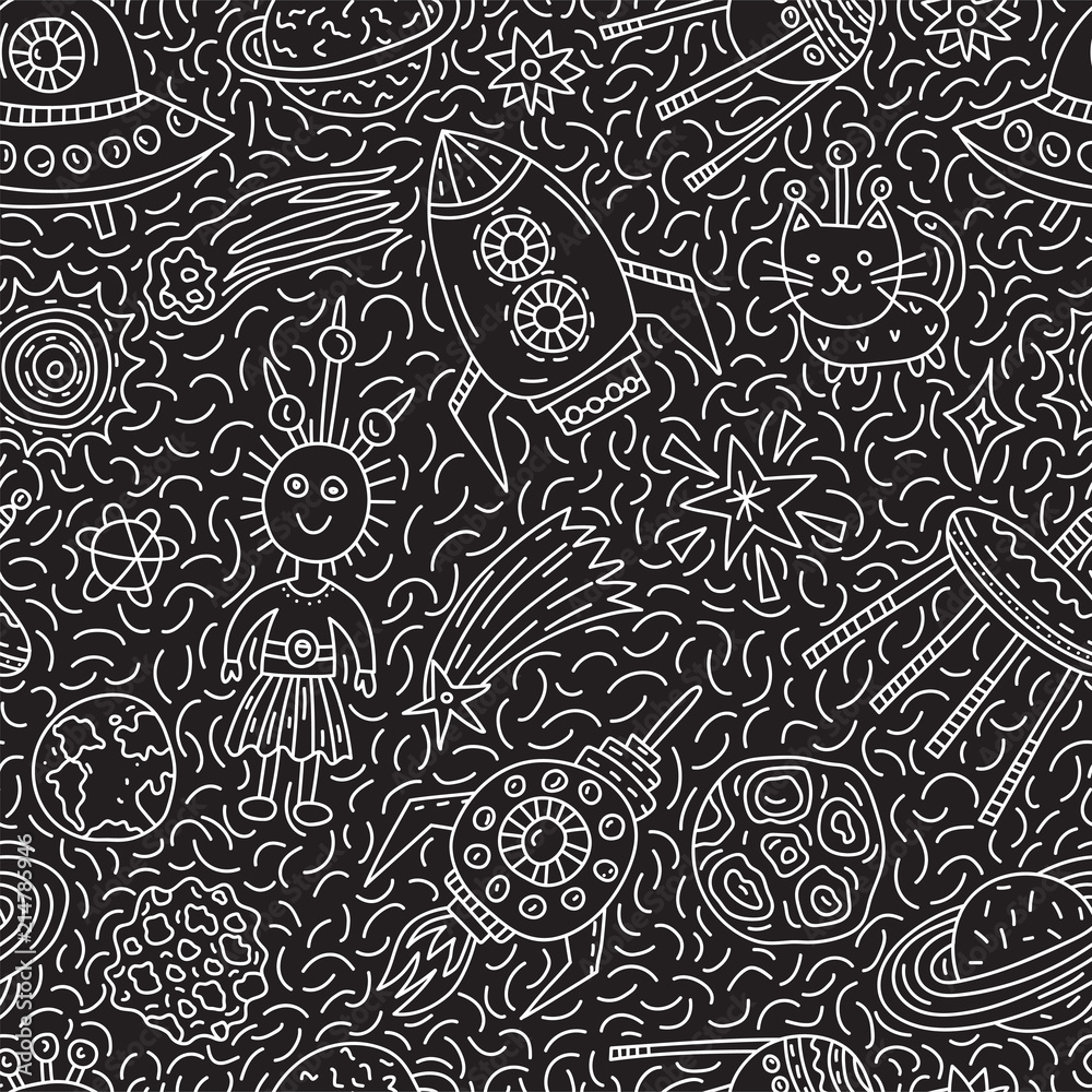 Fototapeta premium Seamless pattern with funny cartoon space elements