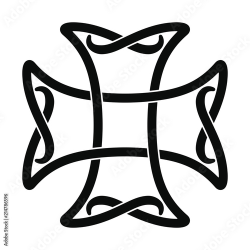 Celtic cross with national ornament as interlaced ribbon isolated on white background.