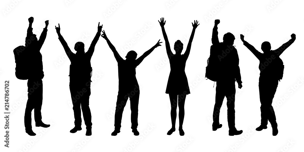 Set of realistic silhouettes of people enjoying with hands up Set of realistic silhouettes of people enjoying with hands up