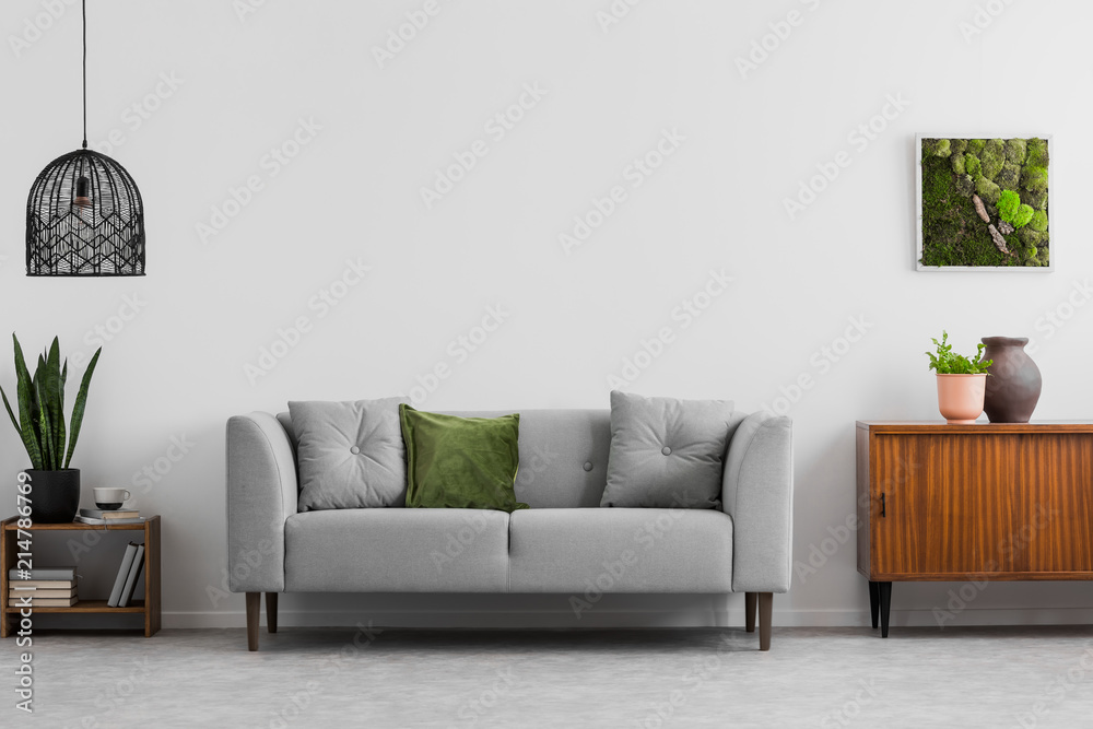 Grey sofa with pillows next to wooden cupboard in living room interior with lamp and poster. Real photo - obrazy, fototapety, plakaty 