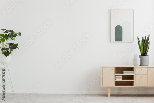 Canvastavla Poster above cupboard with plant in white living room interior with copy space