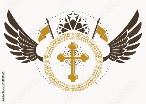 Vintage heraldry design template with bird wings, vector emblem created with Christian religious cross and pentagonal stars.