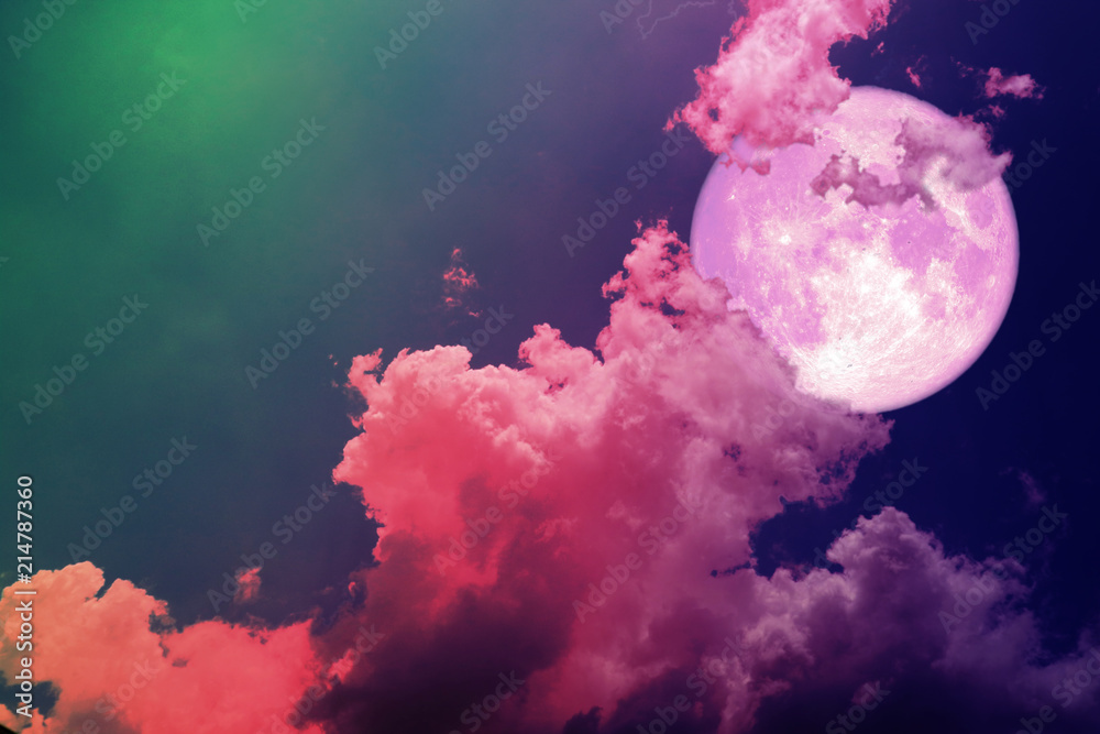 Naklejka premium super full pink moon back silhouette colorful magenta sky