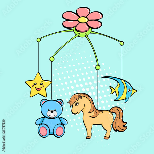 Pop art background. A musical toy over a cradle for a child. The subjects are horse, flower, star, bear and fish. vector