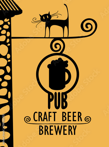 Vector banner for beer pub with a street sign, a black cat and with words Craft beer, Brewery