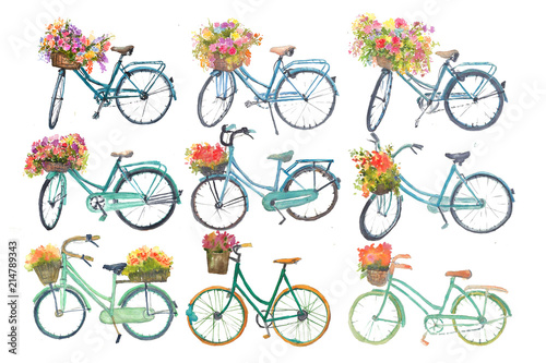 Fototapeta Zestaw roweru z kwiatkiem na białym tle, ilustrator akwarela, ręcznie malowane