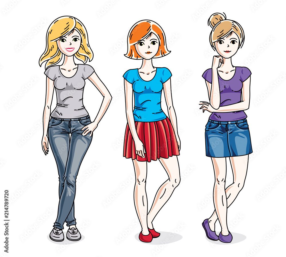 Attractive young adult girls female group standing wearing fashionable casual clothes. Vector set of beautiful people illustrations.