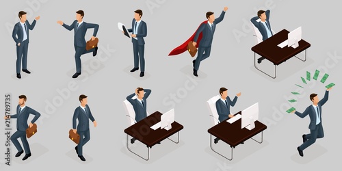 Isometric people  3d entrepreneurs  different concept scenes  emotions and gestures businessman  superman  management and production isolated gray background