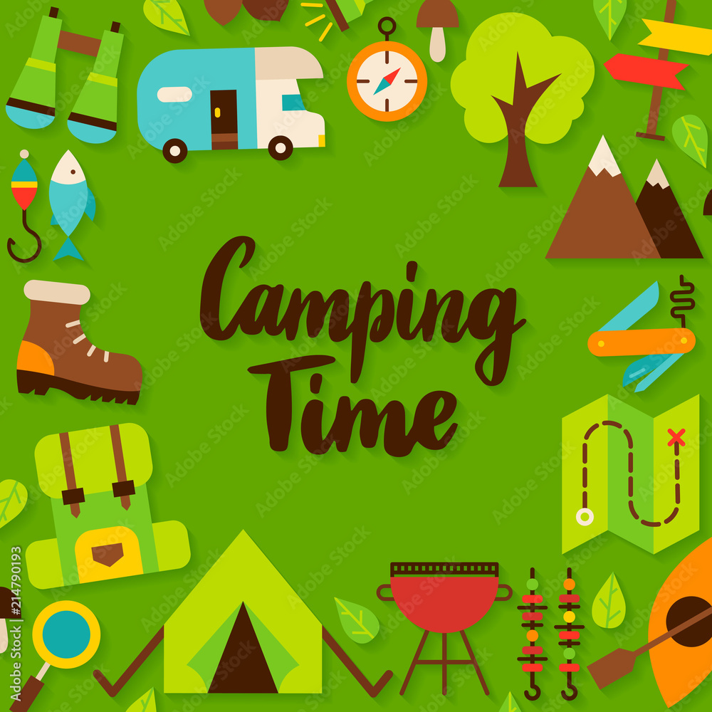Naklejka premium Camping Time Lettering Postcard