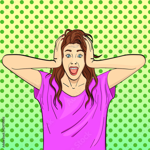 Pop art background. Young girl, brunette screams, holds herself by the head. Psychological disease, hysterics. Comic style, vector