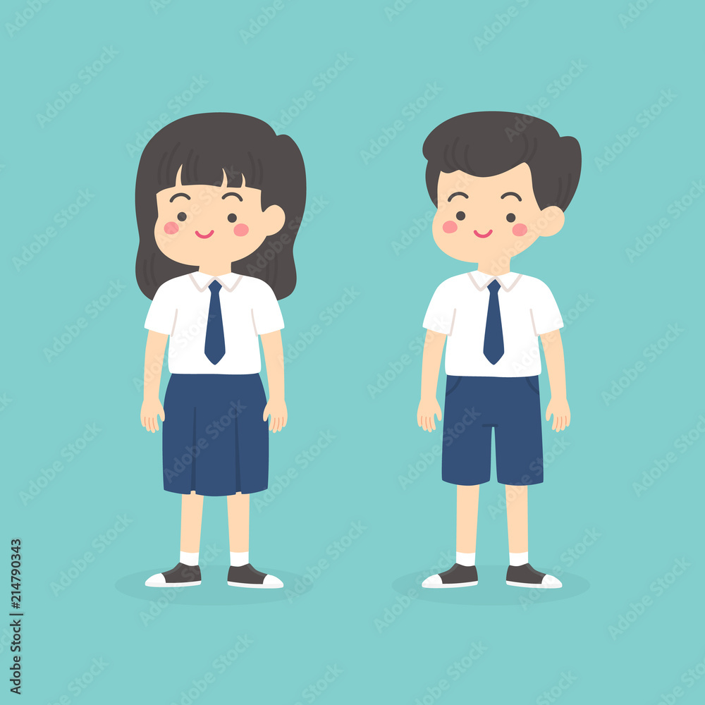 Cute Indonesian Junior High School Boy Girl Wearing Blue and White Uniform Cartoon Vector Illustration