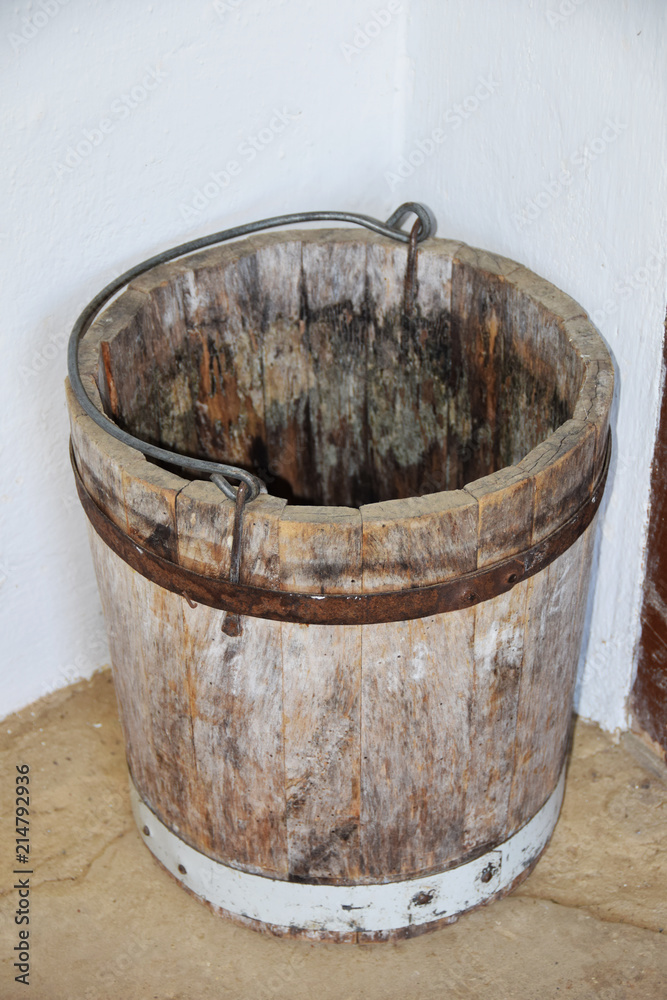 wooden buckets and barrels from the Middle Ages for storing and carrying food