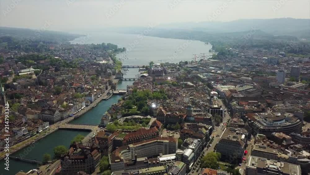zurich riverside lake cityscape aerial panorama 4k switzerland
