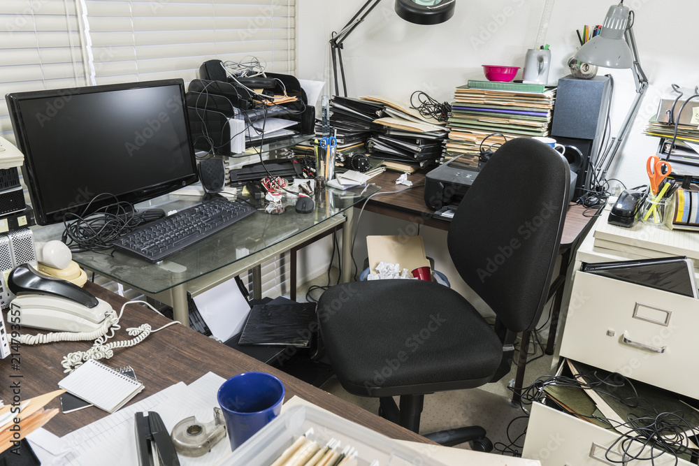 Messy Business Office Desk With Piles Of Files And Disorganized Clutter Messy Business Office Desk With Piles Of Files And Disorganized Clutter
