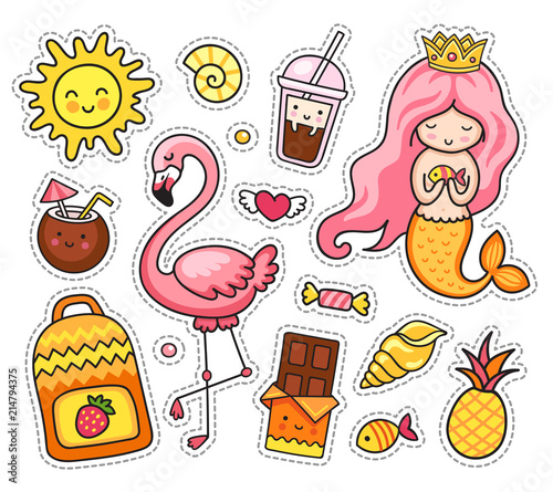 Summer stickers. Little mermaid with pink hair and flamingo, sun, sea shell, chocolate and coconut, pineapple, fish and coffee, drink, beverage, yellow backpack, heart. Set of cartoon patches, badge