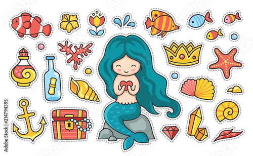 Little mermaid with heart sitting on a rock, fish, starfish, anchor, treasure chest. Set of cartoon stickers, patches, badges and pins, prints for kids. Doodle cartoon style. Vector illustration