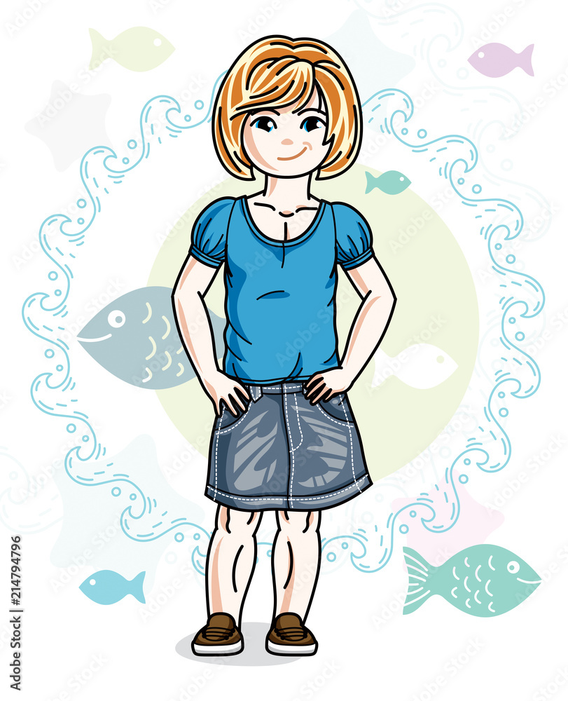 Little redhead girl toddler standing in fashionable casual clothes. Vector kid illustration. Sea fauna theme. Little redhead girl toddler standing in fashionable casual clothes. Vector kid illustration. Sea fauna theme.