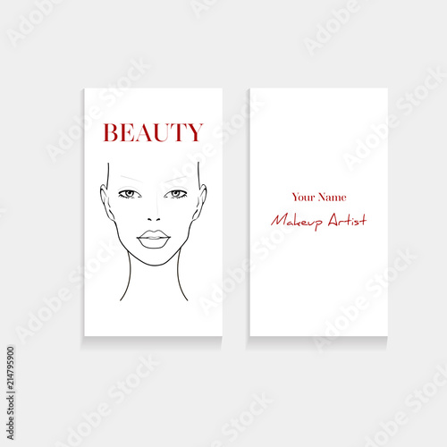 Set business card template for makeup artist. Beautiful woman portrait face with eyeliner make up. Beauty face chart makeup artist business card concept. Vector fashion illustration