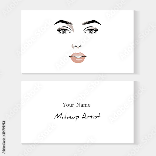 Set business card template for makeup artist. Beautiful woman portrait with eyeliner make up fashion illustration. Beauty makeup artist business card concept. Hand drawn graphic in watercolor style