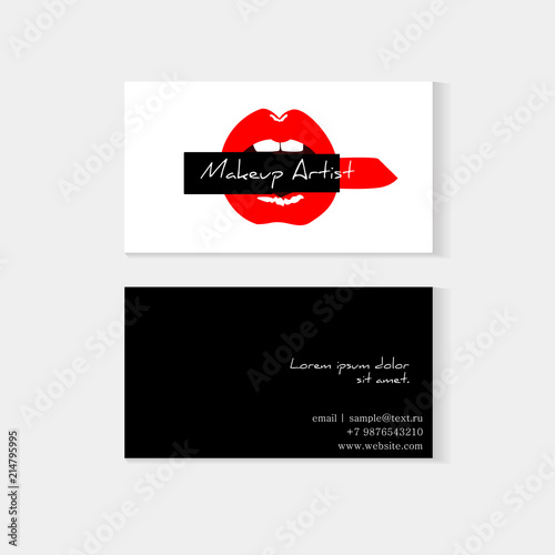 Set of makeup artist business cards template with red lips and red lipstick with place for your text. Vector beauty illustration. Elegant fashion design cards. Isolated vector.