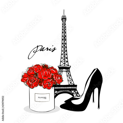 Fashion set composition of peonies red flowers in box, Shoes and Eiffel Tower. Artistic Vector illustration. Gorgeous Composition in red and black colors. Paris Fashion Poster