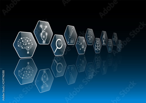 abstract background technology concept and icon in blue light,brain and human body heal,technology modern medical science in future and global international medical with tests analysis clone DNA human