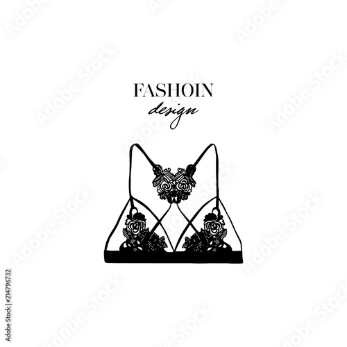 Women bra. Fashion design. Vector. Lacy black female bra hand-drawn style. Black Bra icon. Elegance lingerie illustration. Lace Bra. Perfect for logo, logotype, invitation, greeting card, poster, etc