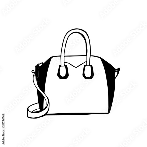 Woman bag hand drawn, female stylish purse vector fashion illustration black on white line. Ink hand drawn picture sign sketch in art doodle style. Perfect for logo, invitation, greeting card, poster