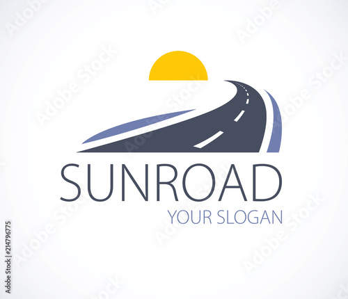 The road to the setting sun, curved highway vector perfect design illustration or logo. Camping, travel and tourism theme, car or bus trip ride. Can be used as a road banner or billboard.