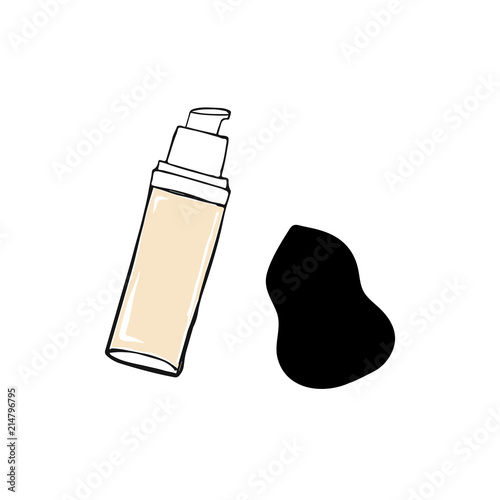 Foundation cream and Beauty blender sponge. Makeup artist logo, t-shirt design and business card concept. Hand drawn graphic vector fashion illustration in watercolor style.