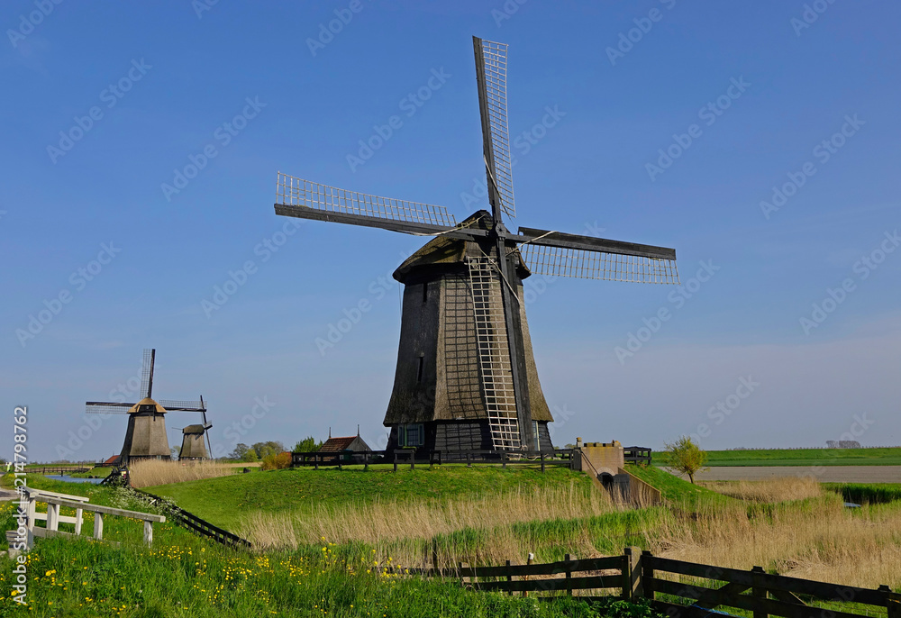 Beautiful view of wooden windmills near small canal running through countryside.