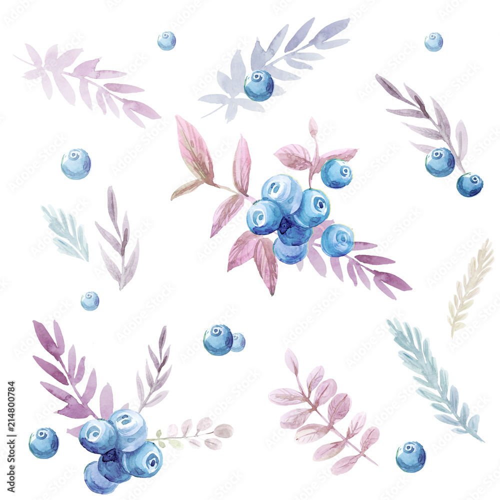 Fototapeta premium Seamless pattern with blueberries and leaves. Watercolor illustraion