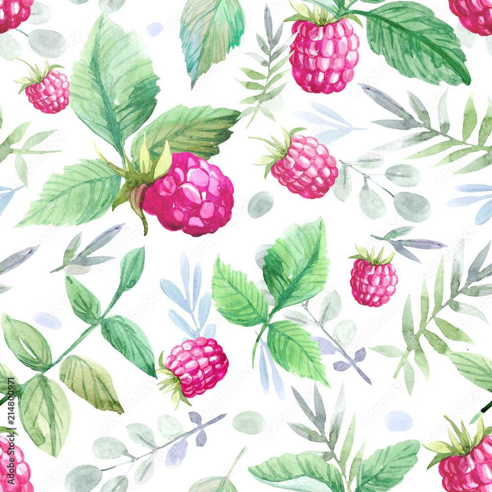 Seamless pattern with raspberry and leaves. Watercolor illustration Seamless pattern with raspberry and leaves. Watercolor illustration
