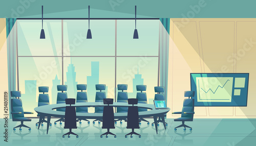 Vector conference hall for meeting, board of directors. Business boardroom, working process. Room for shareholders in skyscraper, urban view from window. Teamwork space in cartoon space