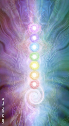 Kundalini Chakra masculine feminine diagram - seven chakras stacked with a kundalini spiral at the base on a purple pink blue green energy formation background
