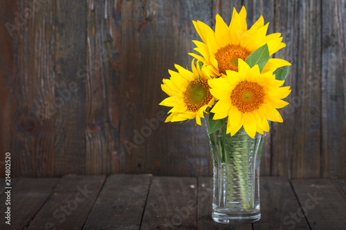Fototapeta Naklejka Na Ścianę i Meble -  Bouquet of sunflowers in glass vase on dark wooden background. Still life image with copy space.