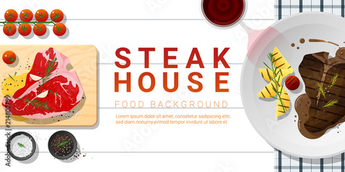 Raw fresh meat and grilled meat t-bone steak on white table , healthy food background , vector , illustration