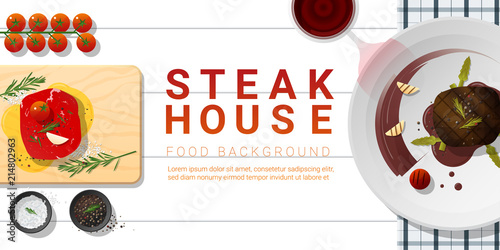 Raw fresh meat and grilled meat tenderloin steak on white table , healthy food background , vector , illustration