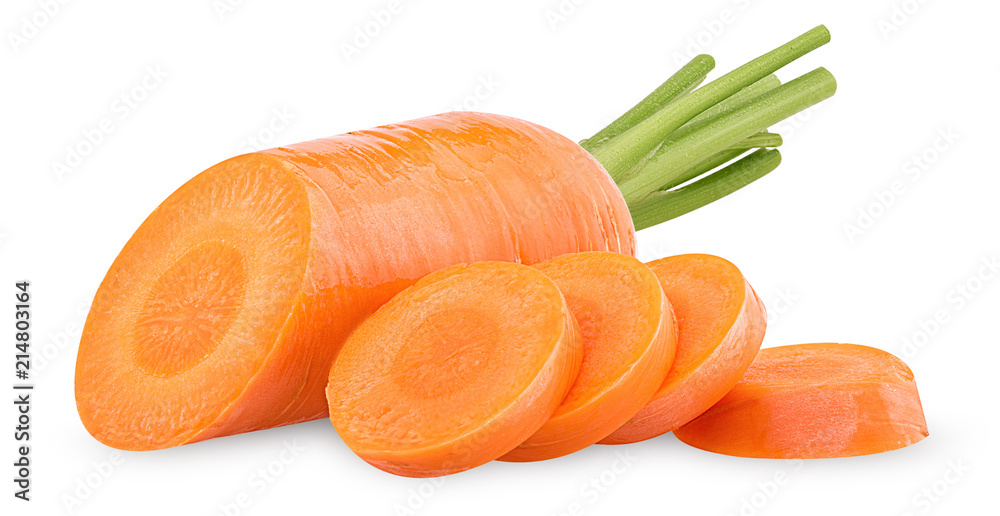 Fresh clean carrots with stems, ring slice - obrazy, fototapety, plakaty 